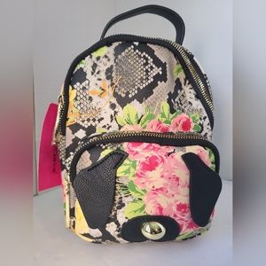 Betsey Johnson Pug Dog Floral Snake Skin Print Mini Backpack Bag NEW Fall BNWT